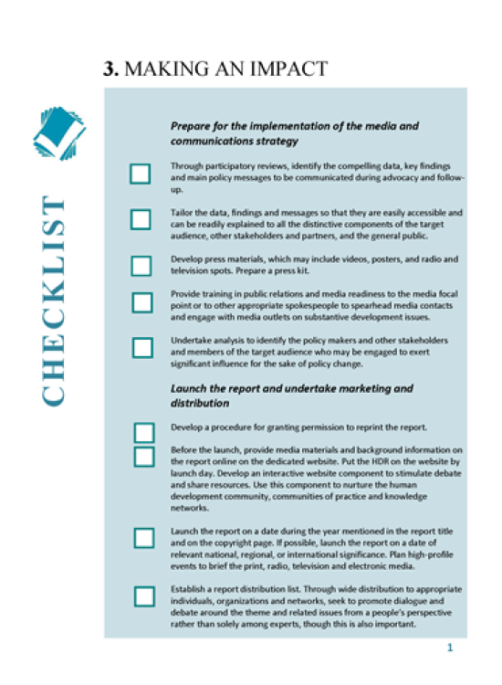 Publication report cover: Writing a Human Development Report Checklist: Making an Impact