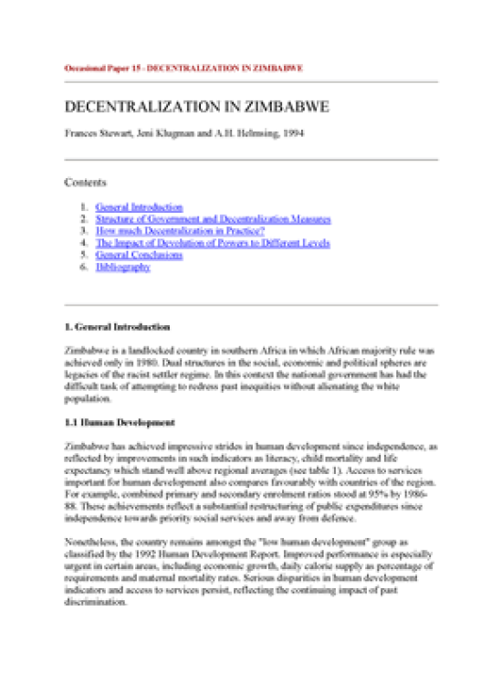 Publication report cover: Decentralization in Zimbabwe