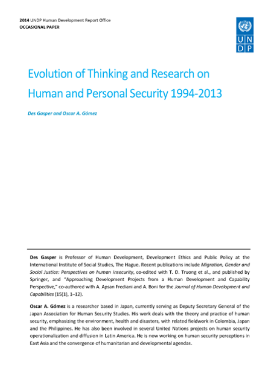 Publication report cover: Evolution of Thinking and Research on Human and Personal Security 1994-2013