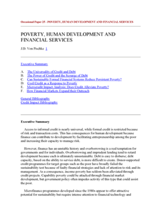 Publication report cover: Poverty, Human Development and Financial Services